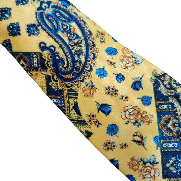 Angelo Litrico Mens Necktie C&A Silk Yellow Blue Paisley Floral Statement Tie - Picture 4 of 7